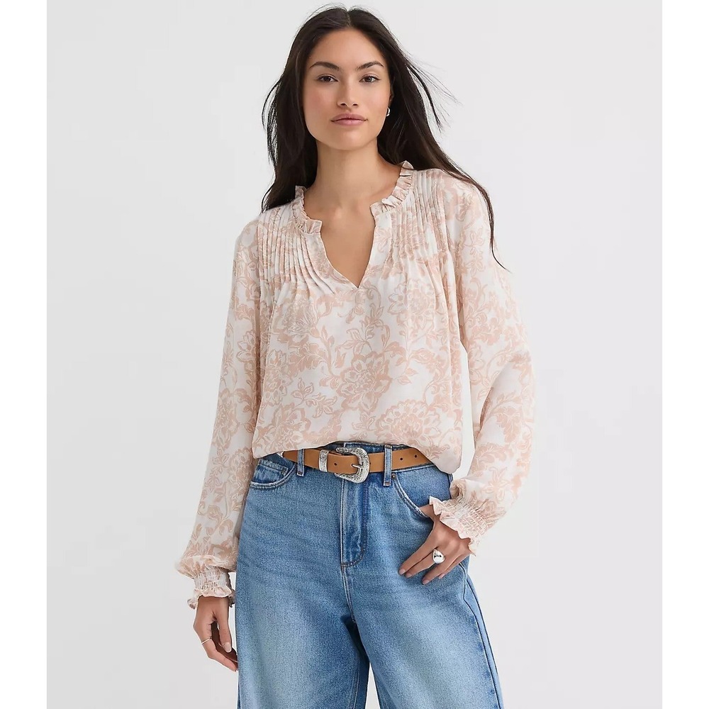 Loft Floral Ruffle Neck Pintucked Mixed Media Blouse M Light Taupe NWT Romantic